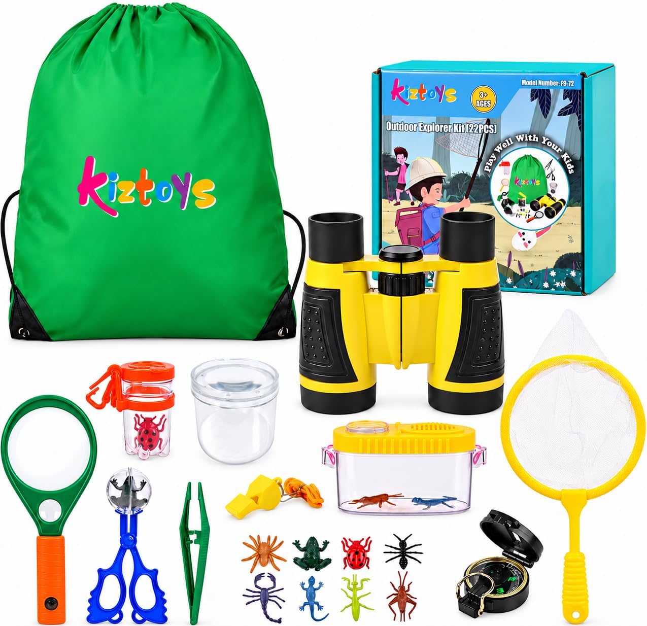 Detalle de Kiztoys F9-72 onderzoeksset voor kinderen, 22-delig met verrekijker en kompas
