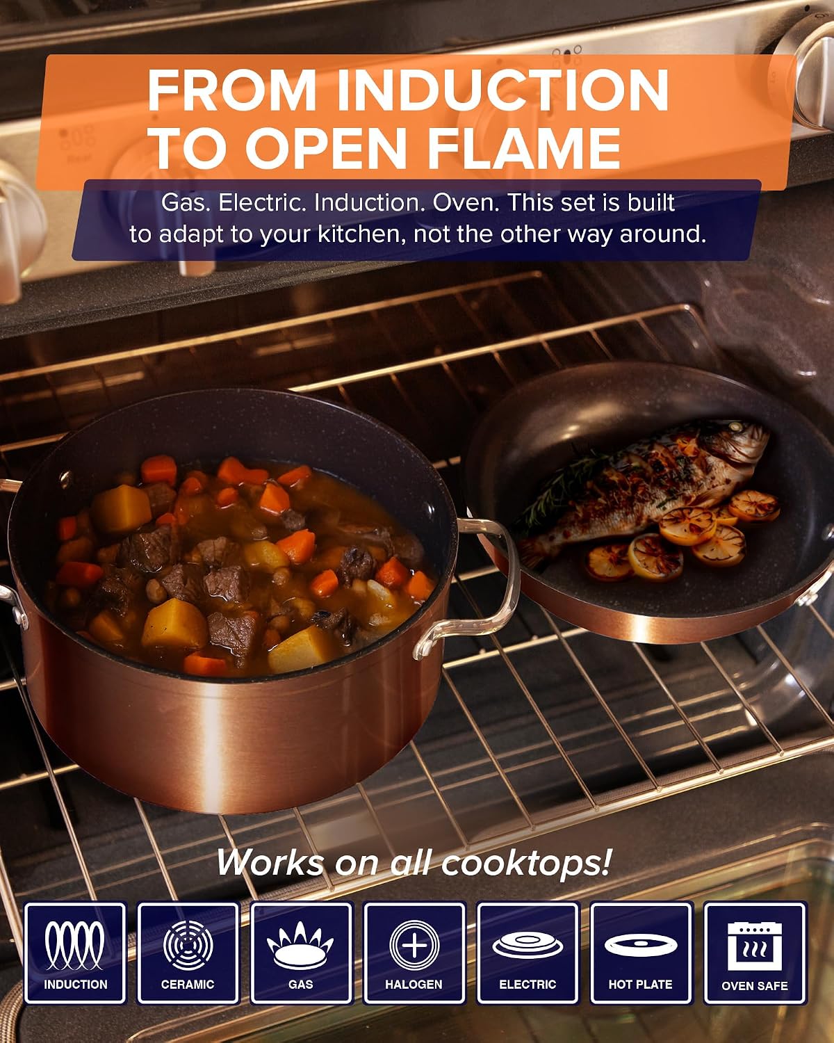 Detalle de Nuwave Healthy G11 Non Stick Pots and Pans Set (G11-Pots and Pans) with Glass Lids, Copper