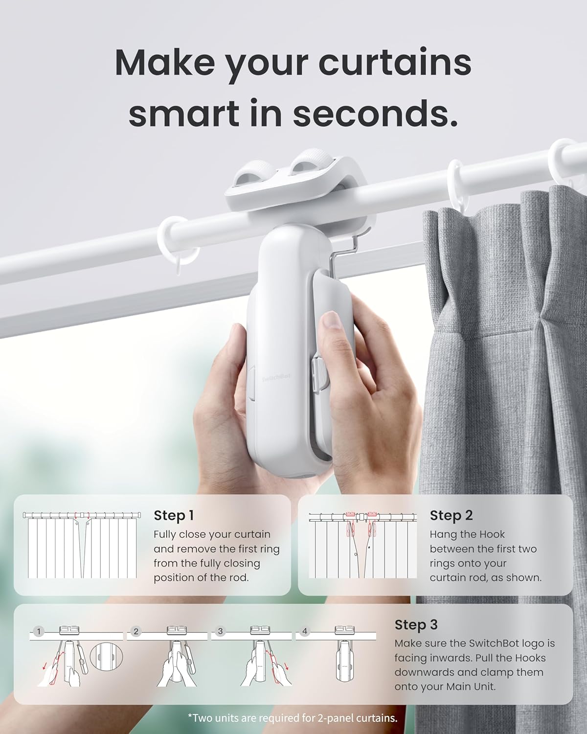 Thumbnail 3 de SwitchBot Ouvre-Rideau Électrique pour tringles Curtain Rod 3 (2025) – lot de 2 moteurs + 1 télécommande, contrôle Bluetooth & app, compatible Matter et Apple Home (Hub requis)