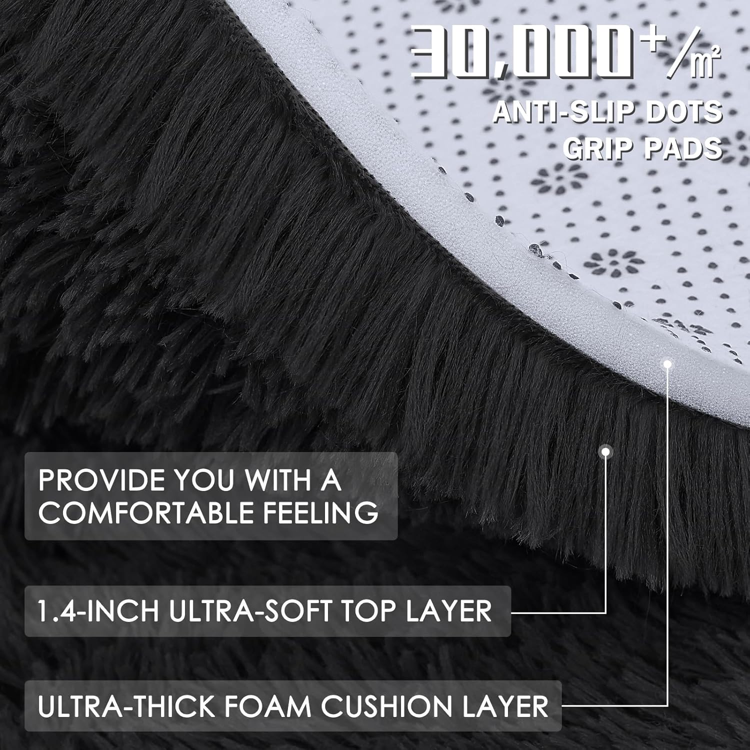 Detalle de Homaxy Hochflor Teppich 60 x 100 cm Schwarz mit Anti-Rutsch-Unterseite und Waschbar