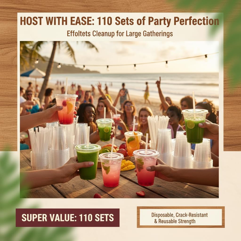 Detalle de Voatree 110 Pack Clear Plastic Cups with Lids and Straws, 16 oz