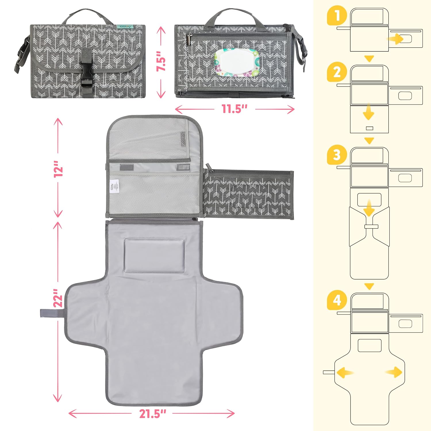 Detalle de Kopi Baby Portable Diaper Changing Pad, 22-Inch Waterproof, Classic Grey Arrows