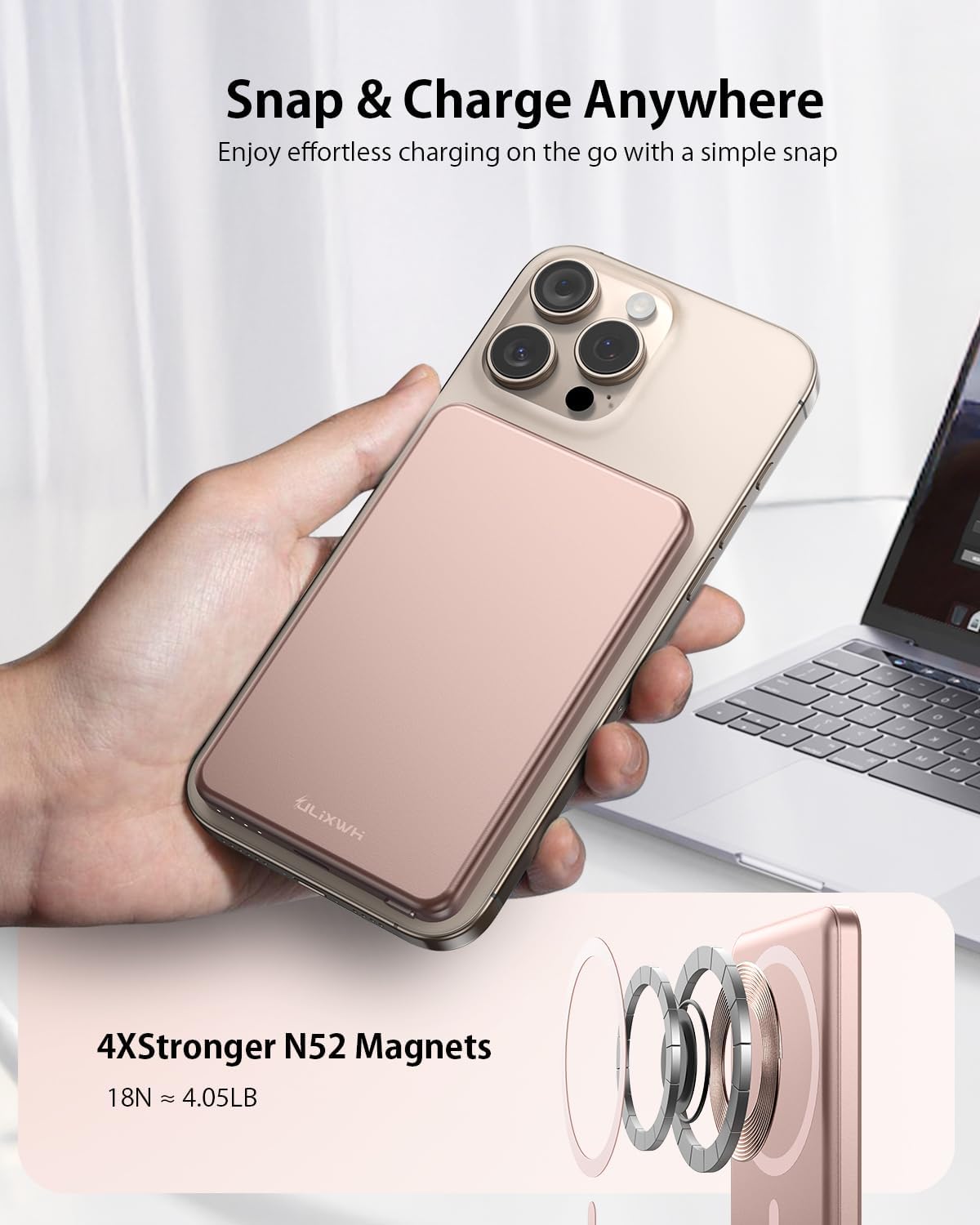 Detalle 1 de ULiXWH MagS-1 5000mAh Magnetic Power Bank, Slim Pink Aluminum