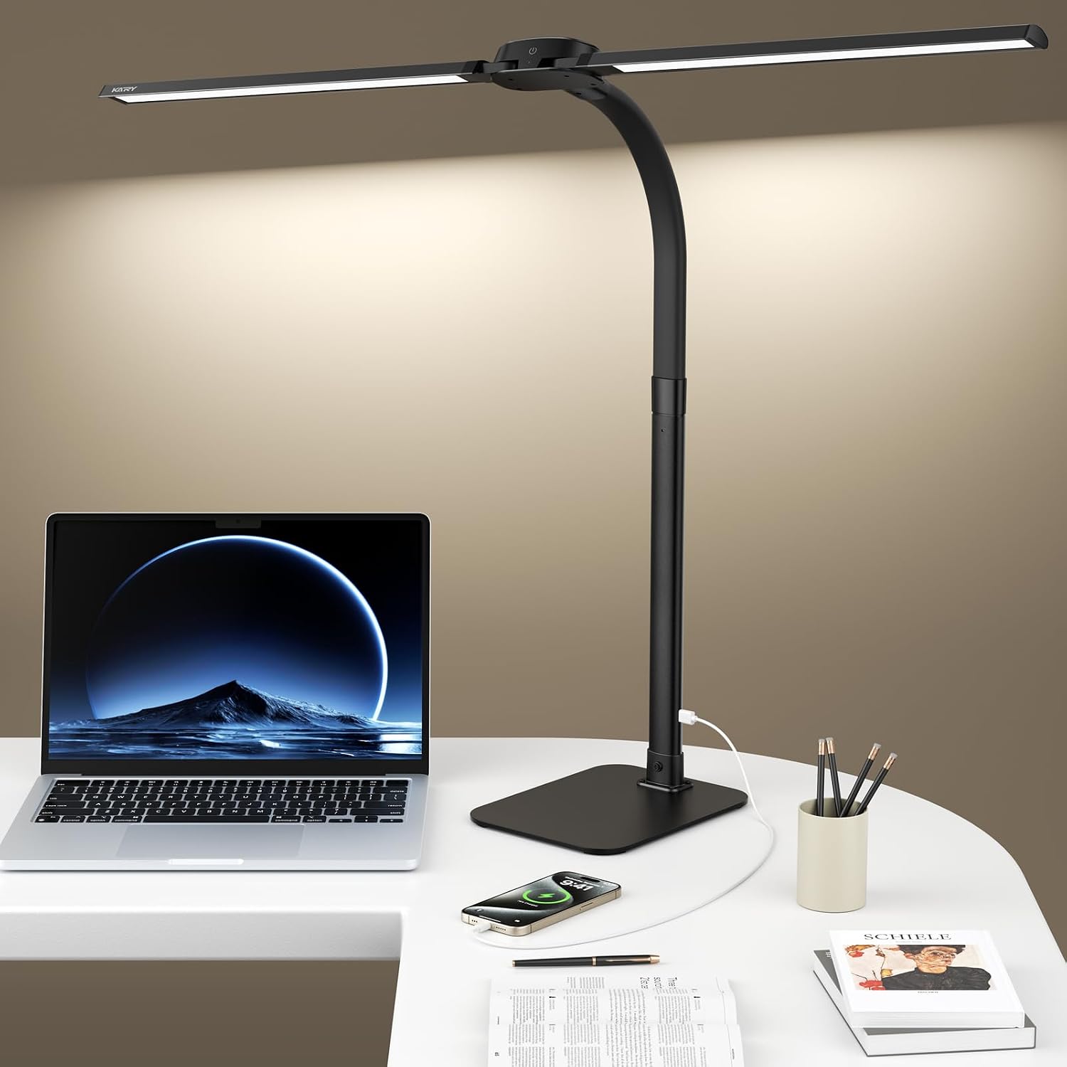 LED Desk Lamp 24W with USB Charging Port, Dimmable Light Bar & Wireless Remote