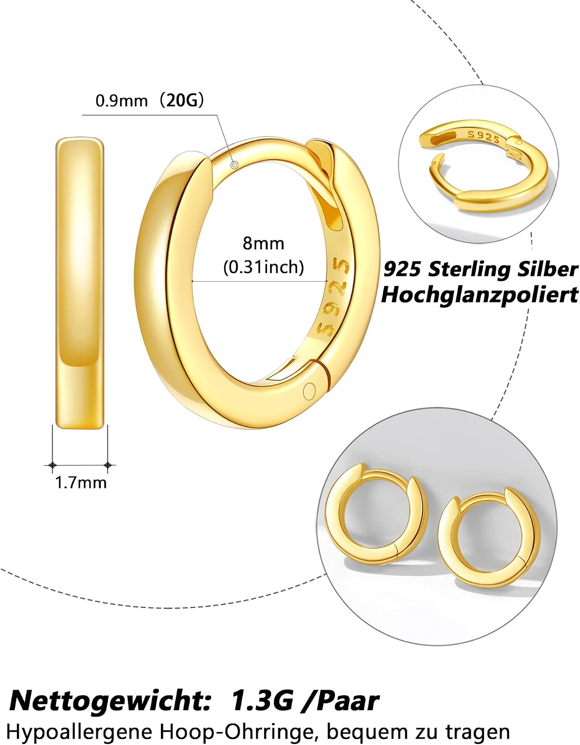 Detalle de Silvora Kleine Creolen aus 925 Sterling Silber (8 mm, auch andere Größen) – Huggie/Schläfer Ohrringe für Damen & Herren