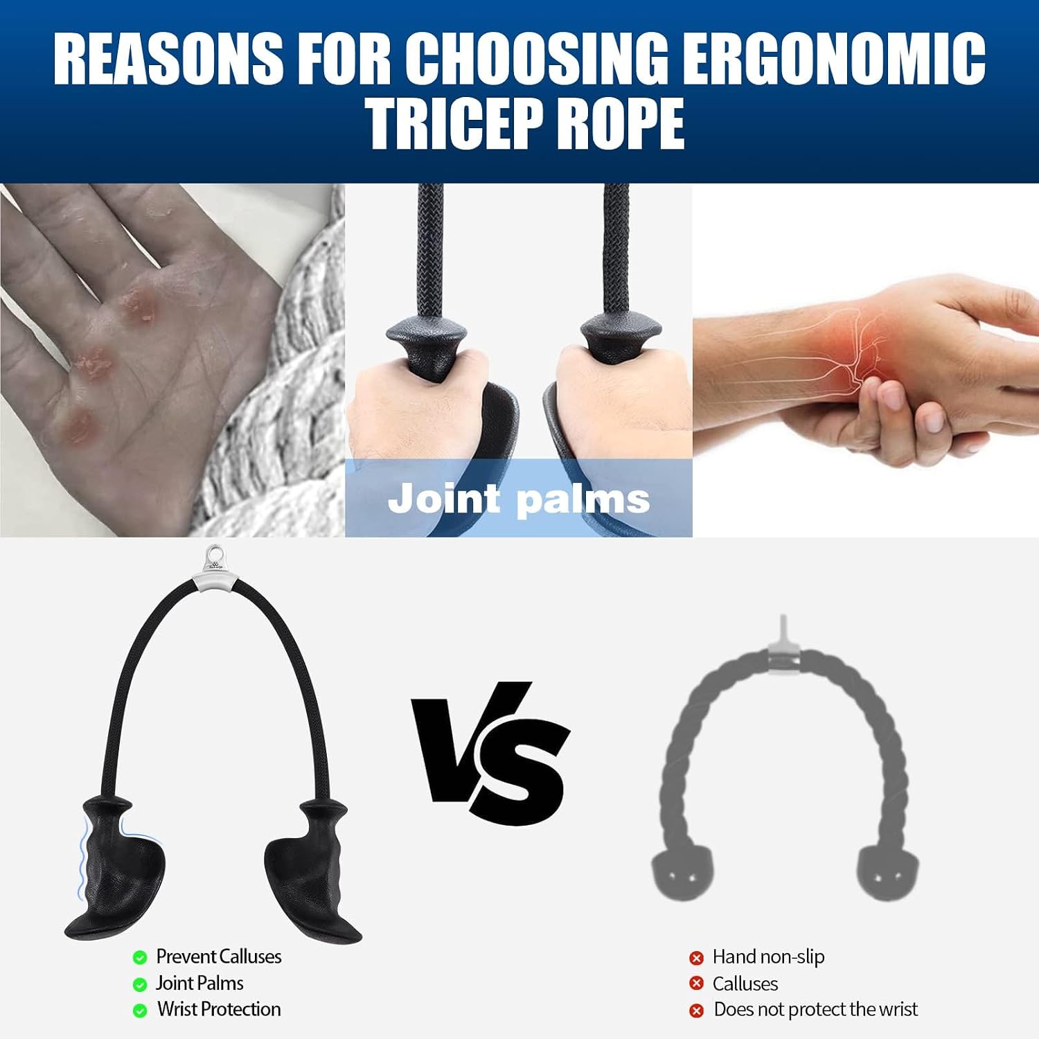 Detalle 2 de HXD-ERGO ergonomic triceps rope cable attachment (36 inch) with non-slip handles