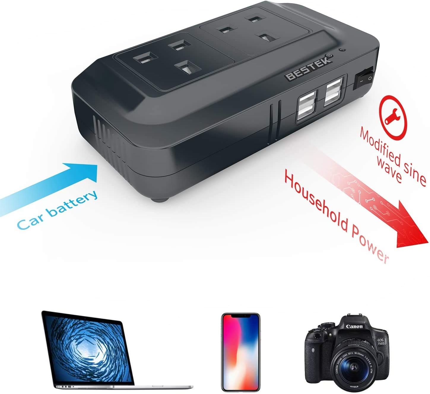 Detalle de BESTEK 200W 12V to 240V Car Inverter with 2 AC Outlets and 4 USB Ports