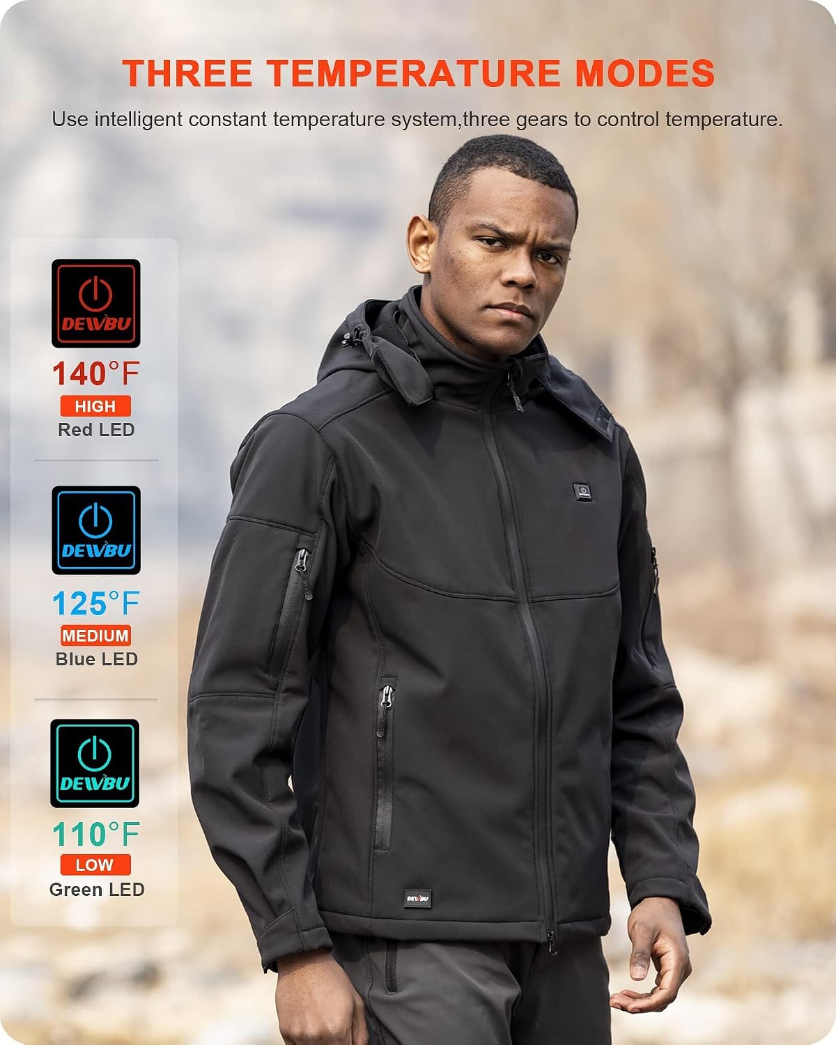 Detalle de DEWBU Men's 12V Heated Jacket with Five Heat Zones and Detachable Hood