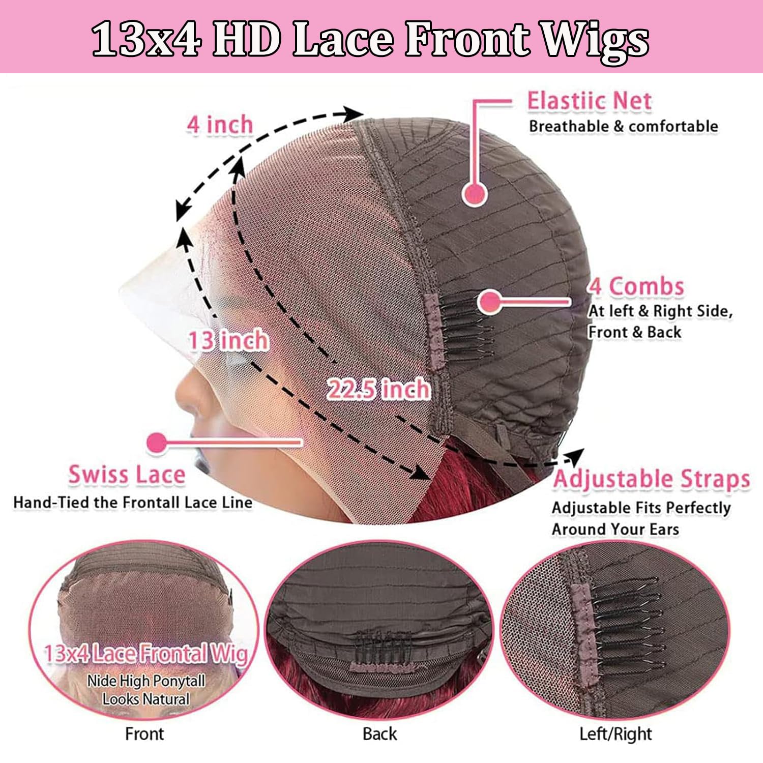 Detalle de Armodeo 38 Inch 99J Burgundy Deep Wave Lace Front Wig – 13x13 HD Lace, 250 Density, Pre Plucked