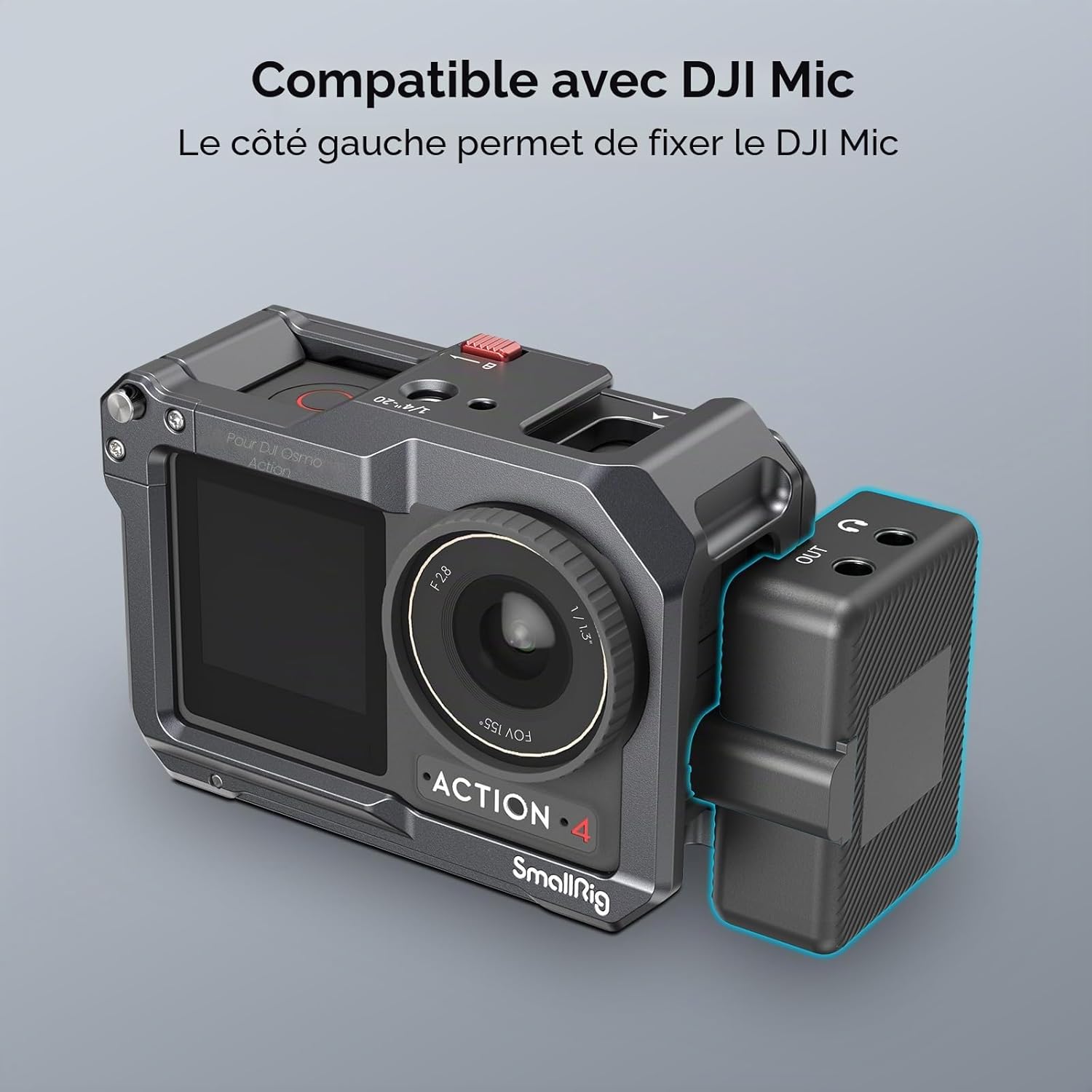 Detalle de SMALLRIG Cage pour DJI Action 4/3 et DJI Mic 4119C : protection et montage polyvalent