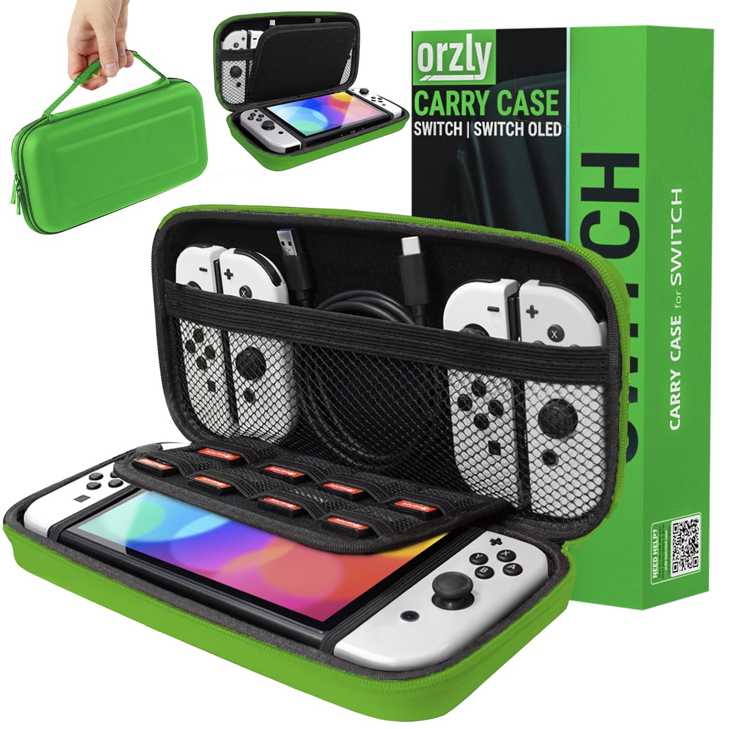 Detalle de Orzly Tragetasche für Nintendo Switch OLED – harte Schutzhülle in Grün für Konsole, Joy-Controller & Zubehör