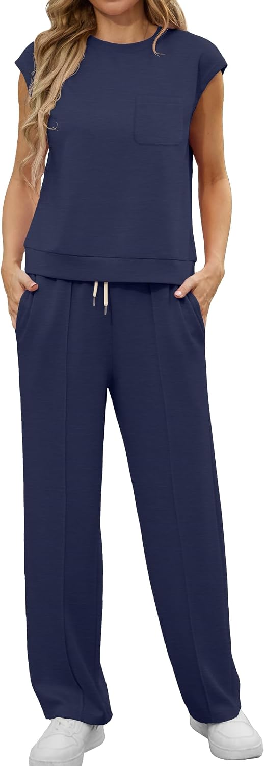 Detalle de GRECERELLE Two Piece Women’s Summer Tracksuit Set – Crew Neck Cap Sleeve Top & Jogging Bottoms with Pockets