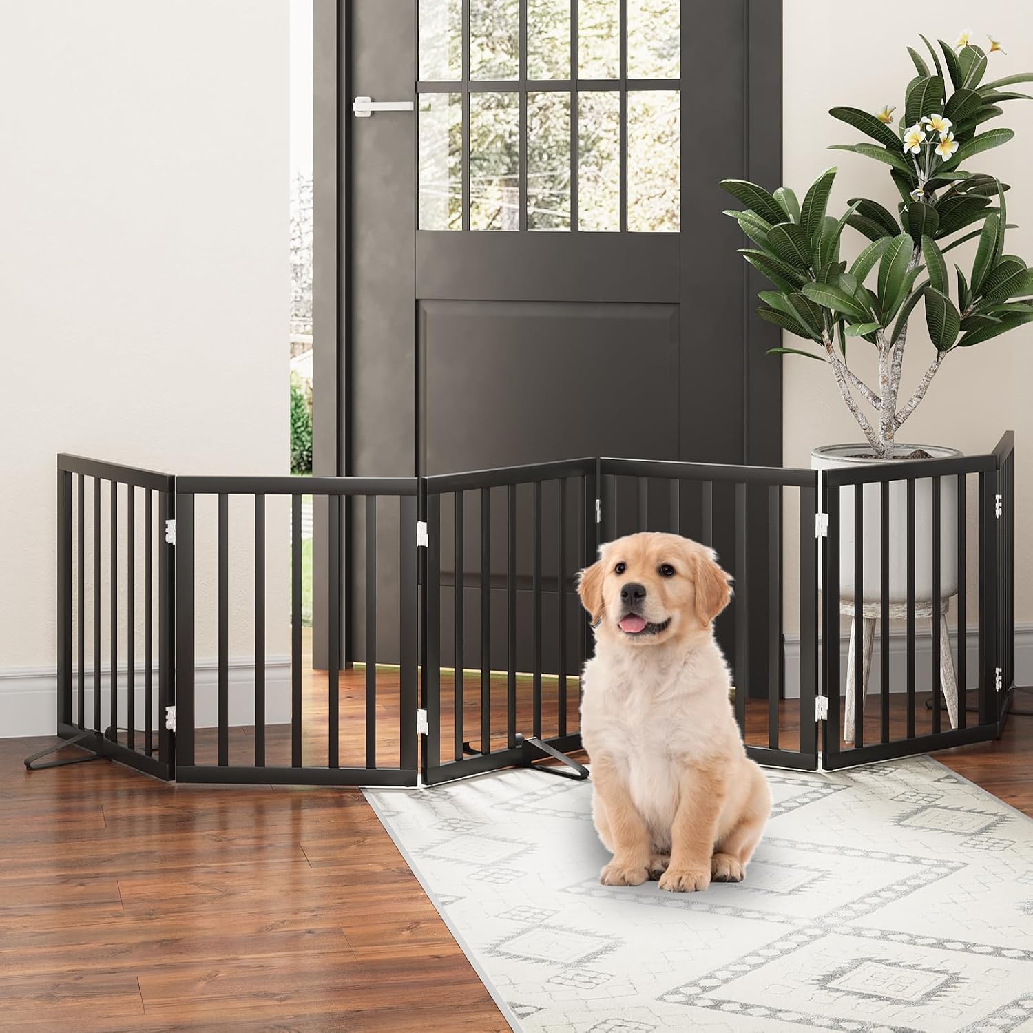 Detalle de Algherohein foldable dog gate for doorways – freestanding indoor room divider, 6 panels, black