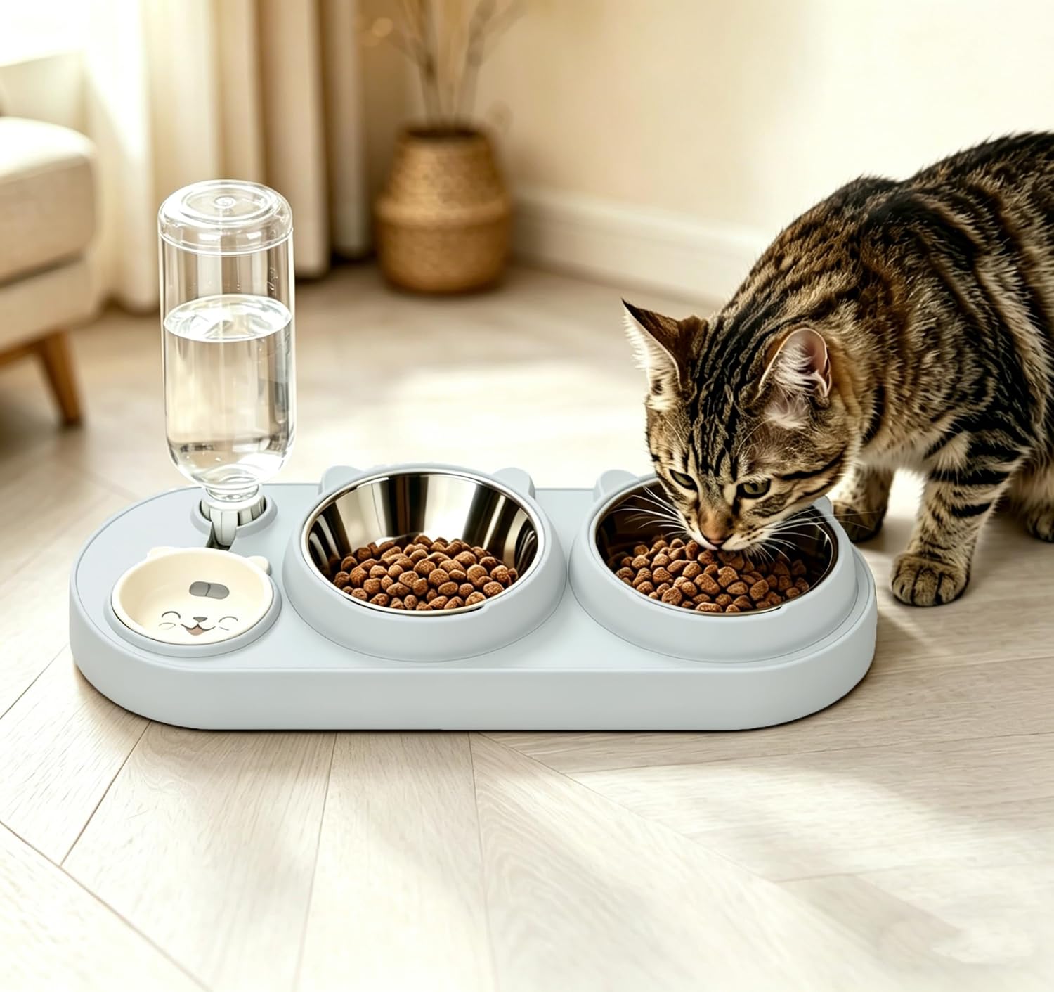 Detalle de Marchul 3-in-1 Katzennapf Set: Futter-, Wasser- und Wasserspender-Schalen mit 15° Neigung