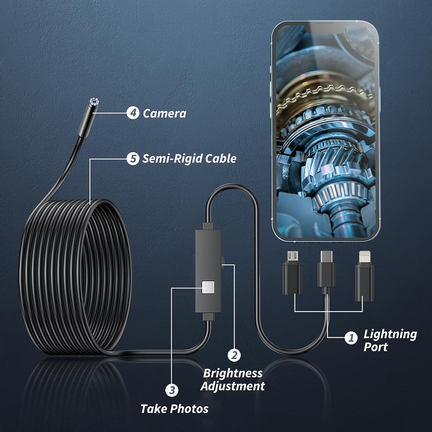 Detalle 2 de Kinpthy Endoscope Camera with 16.4-ft Semi-Rigid Cable, IP67 Probe and 8 LEDs