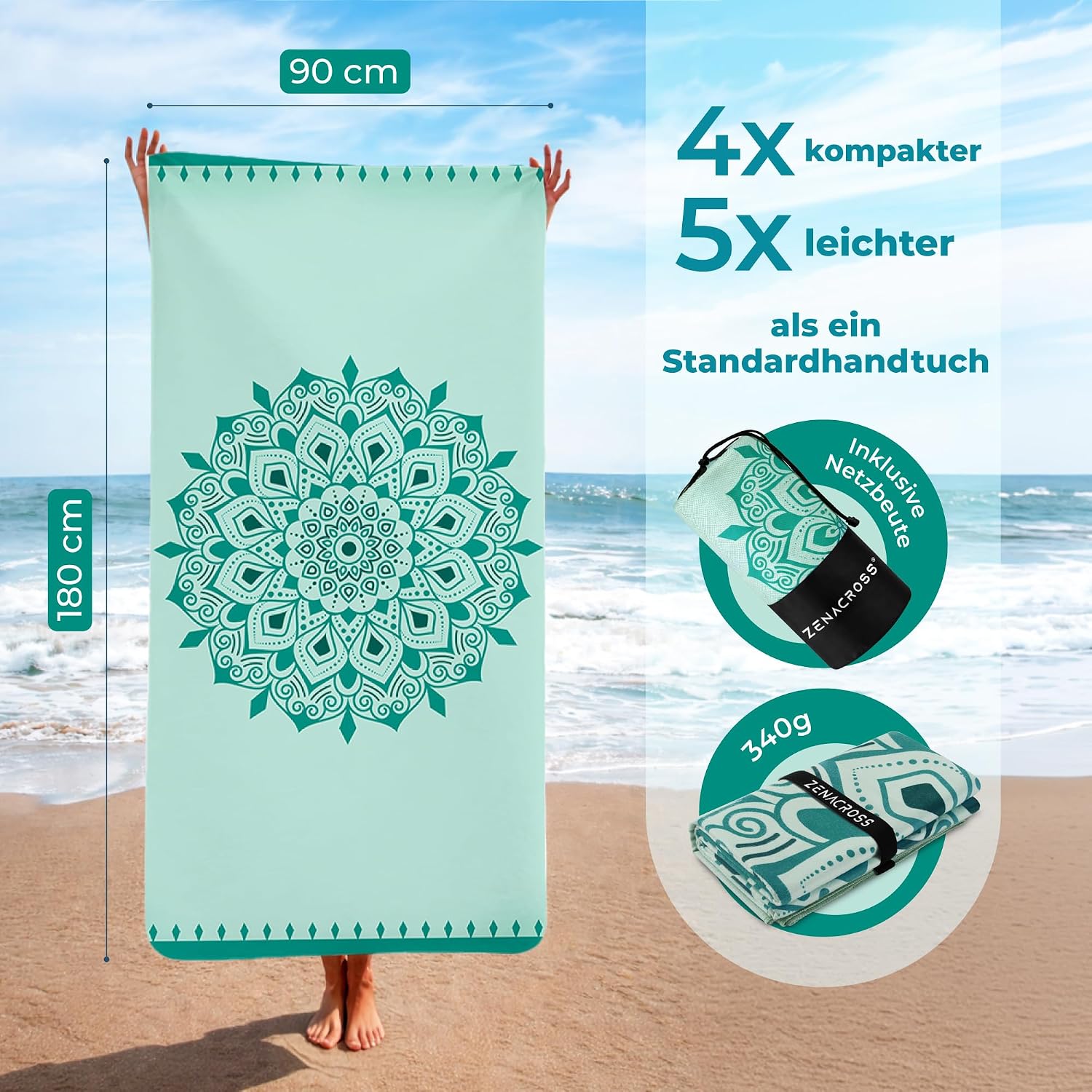 Detalle de ZENACROSS Strandtuch XXL 90x180 cm – Mikrofaser-Handtuch Groß, schnelltrocknend, Sandfrei, Bora
