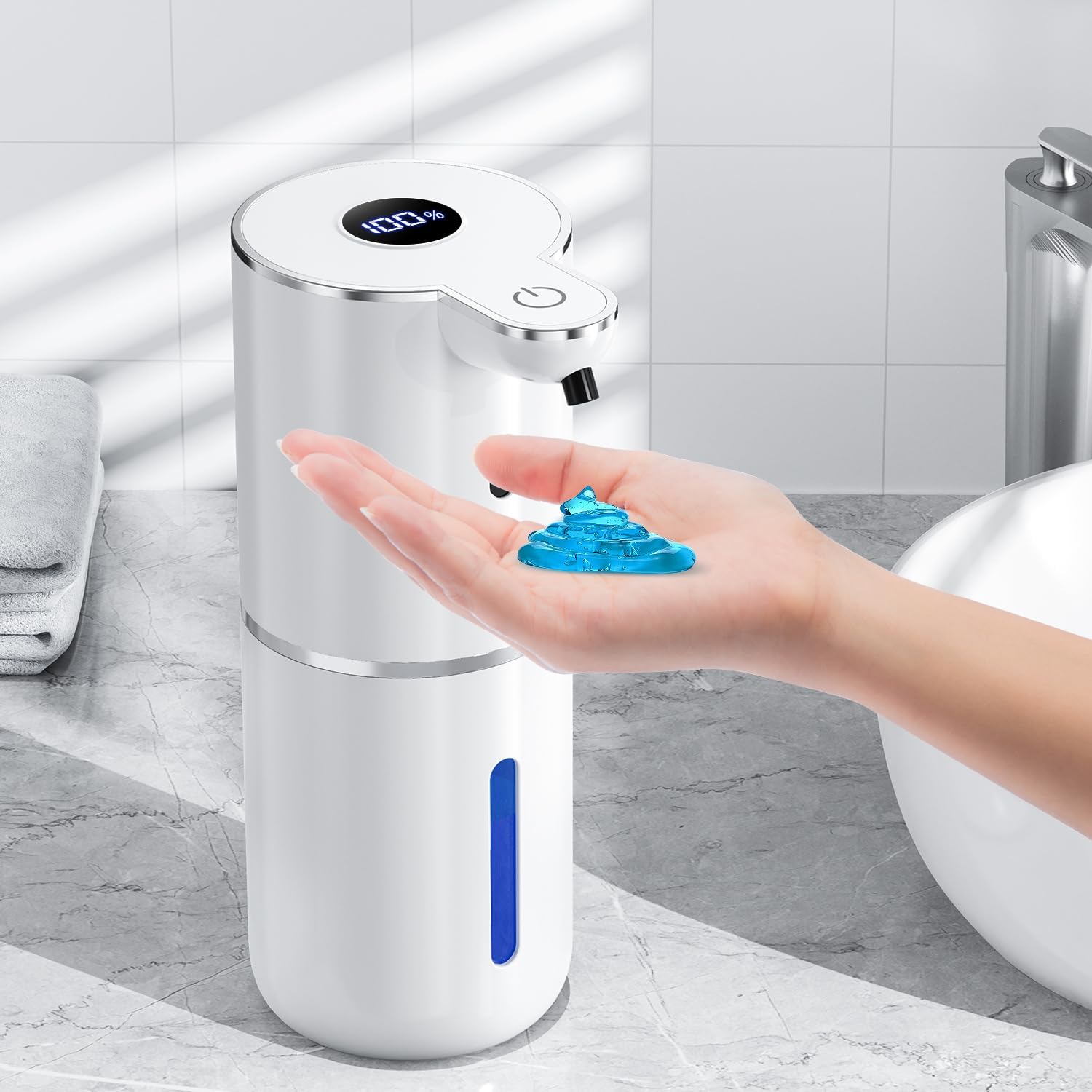 Detalle de Fachixy automatischer Seifenspender mit Sensor und digitaler Anzeige, 380 ml, USB-wiederaufladbar (IPX5)