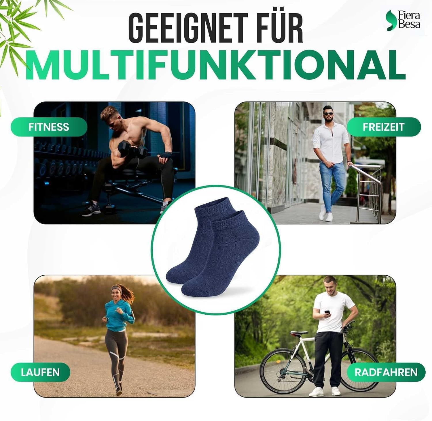 Thumbnail 2 de Fiera Besa FB-Uni-Bmb-Ptk Bamboo Trainer Socks, Short, Breathable, 5 Pairs