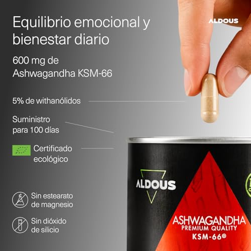 Detalle de Ashwagandha KSM-66® Ecológica de Aldous Bio — 600 mg por cápsula, 100 días, sin aditivos ni plástico