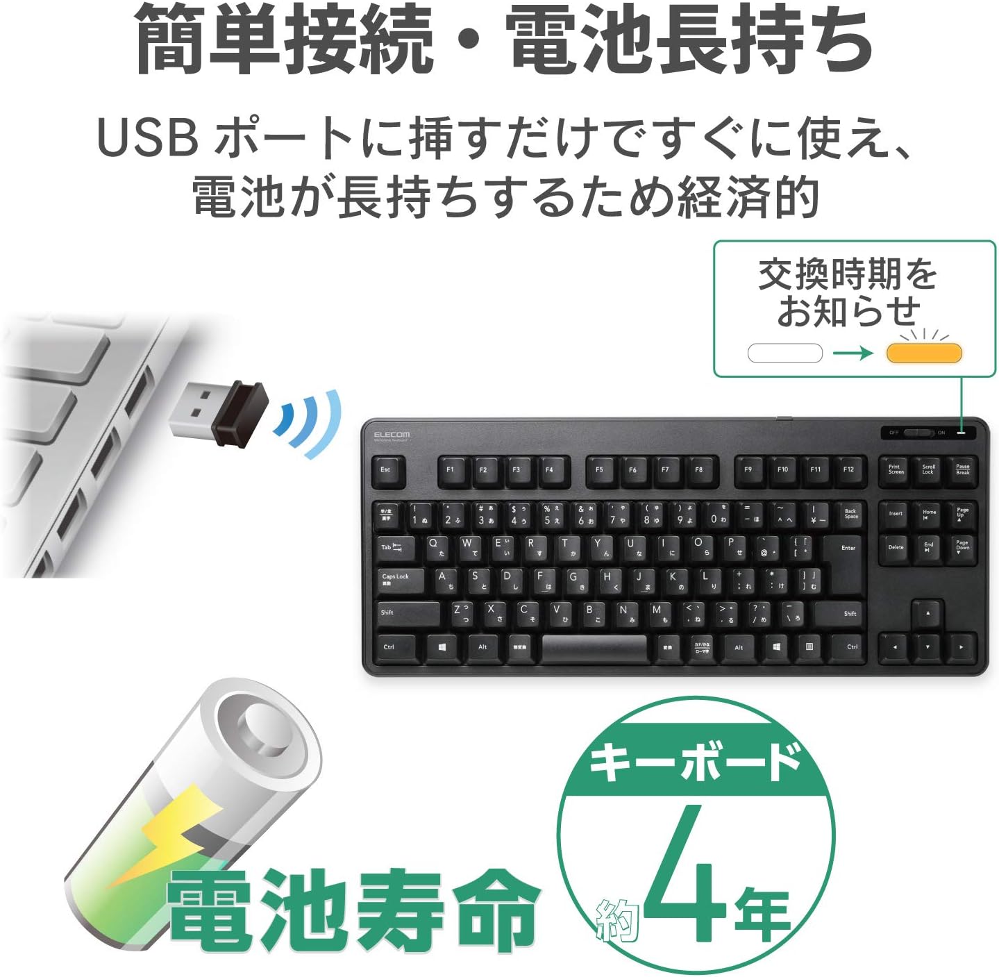Detalle de エレコム TK-FDM105TXBK ワイヤレスメンブレンキーボード JIS日本語配列・USBレシーバー付属