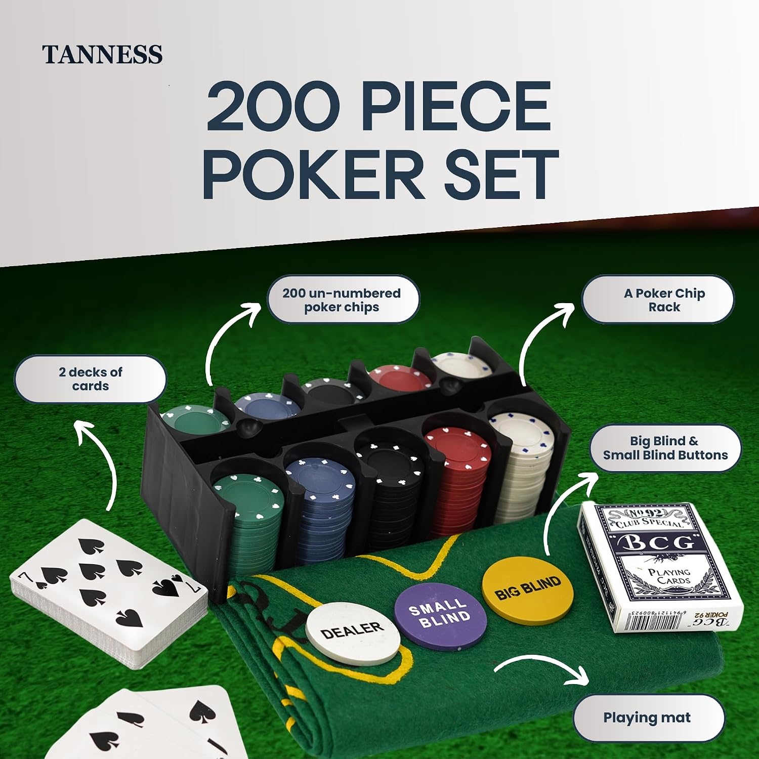 Detalle de Tanness 200 Pcs Poker Set: Casino-Style Chips, Mat & Tin Box for Home Games