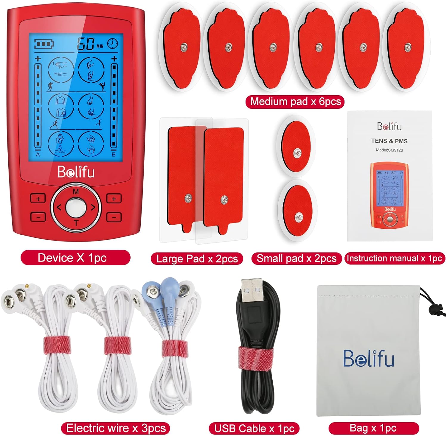 Detalle 2 de Belifu SM9126 Dual-Channel TENS EMS Unit with 24 Modes and 10 Pads