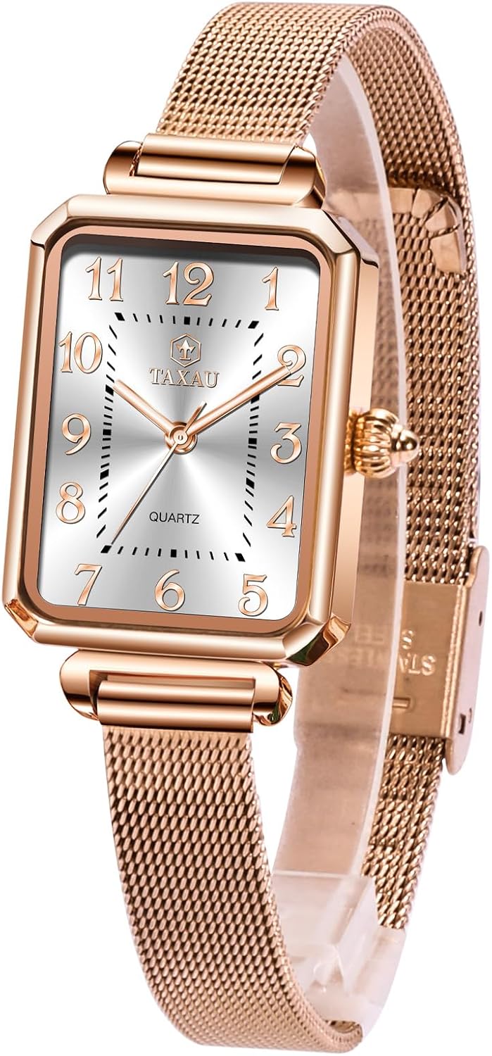 Detalle de Taxau Damenuhr eckig mit Edelstahl-Mesh-Armband, rechteckiges Quarz-Uhrwerk (roségold, wasserdicht)
