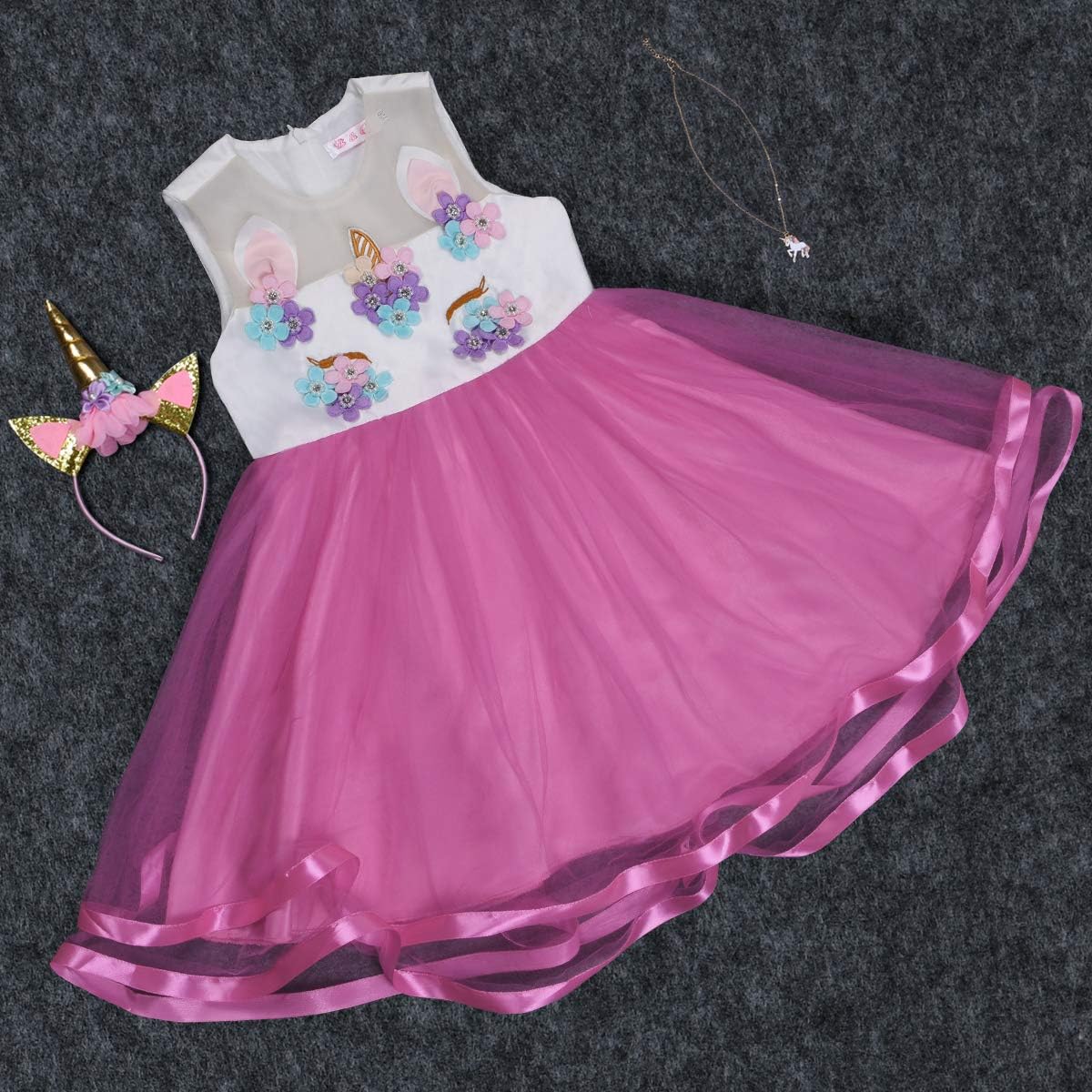 Detalle de URAQT Vestito da principessa per bambina con collana e fascia – unicorno e arcobaleno, per cosplay e feste