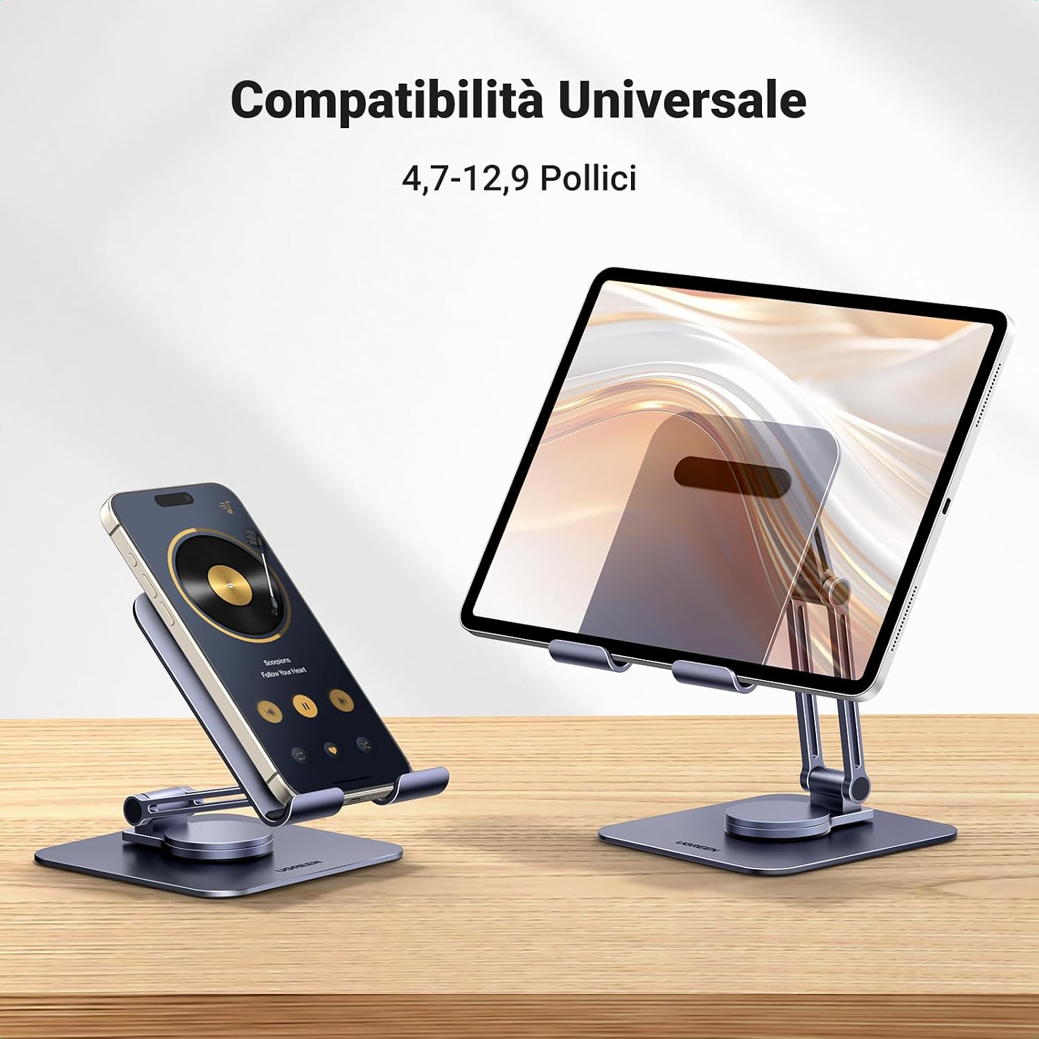 Detalle 2 de UGREEN supporto tablet girevole da tavolo in alluminio, regolabile per Galaxy Tab e iPad/iPhone fino a 12,9”