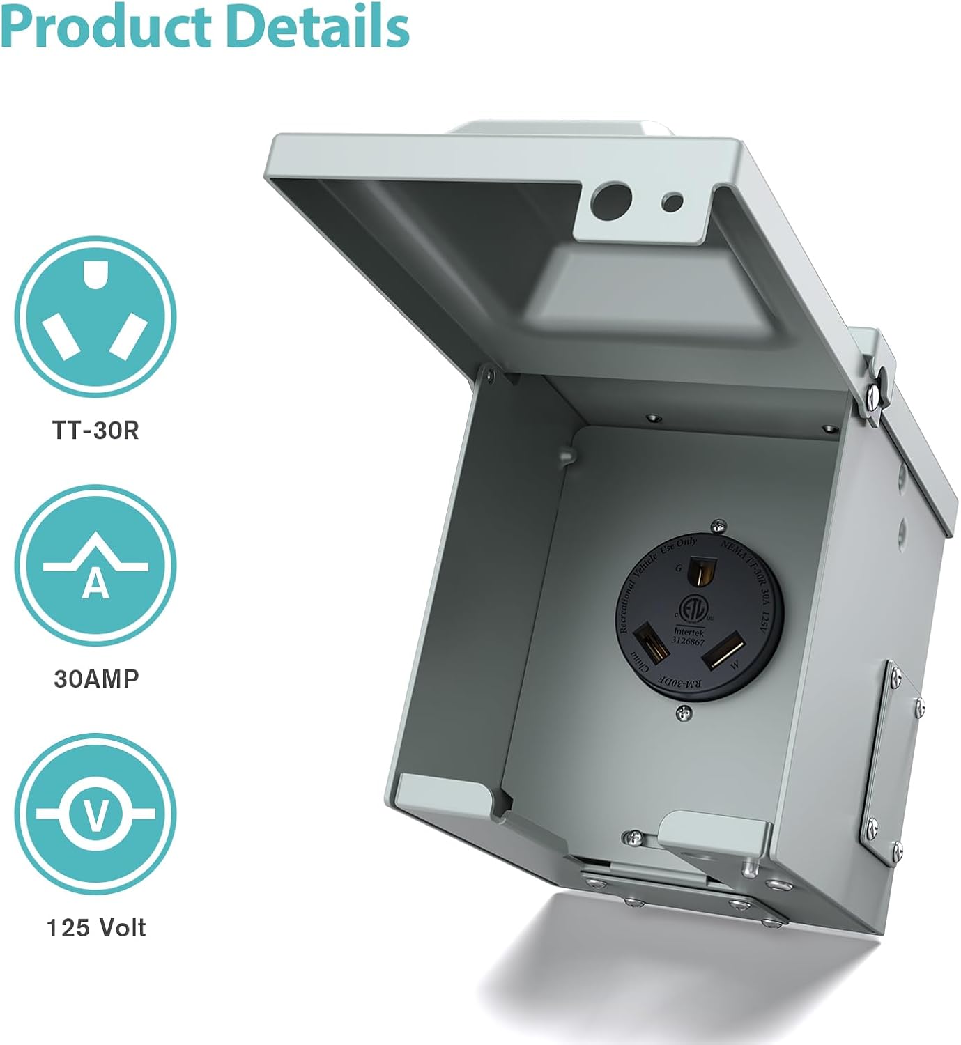 Detalle de WEBANG RM30DFPB 30 Amp RV Outlet Box, Lockable, Rainproof, NEMA TT-30R