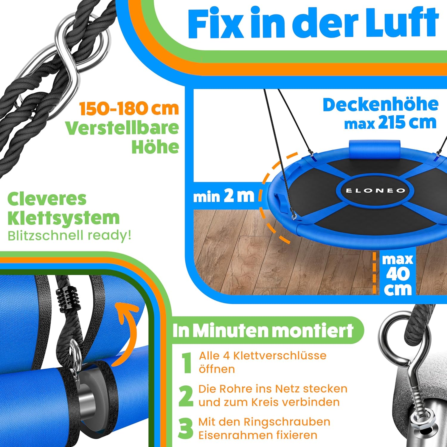 Thumbnail 6 de ELONEO Balançoire nid | balançoire ronde 90 cm, charge 300 kg et kit accessoires – pour intérieur et extérieur
