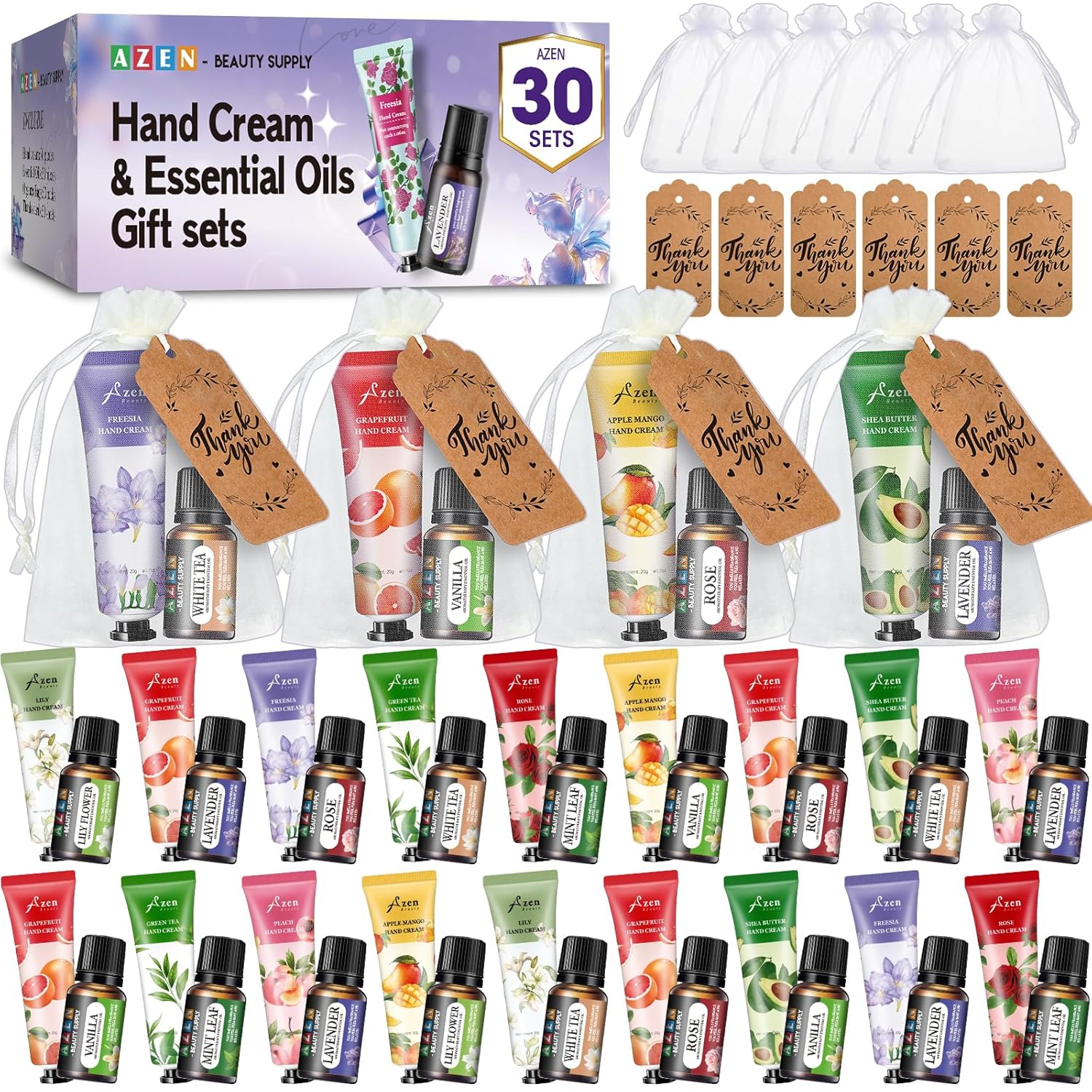 Thumbnail 6 de AZEN 60 Sets Bulk Hand Cream and Lip Balm Gift Set with Organza Bags and Thank-You Labels