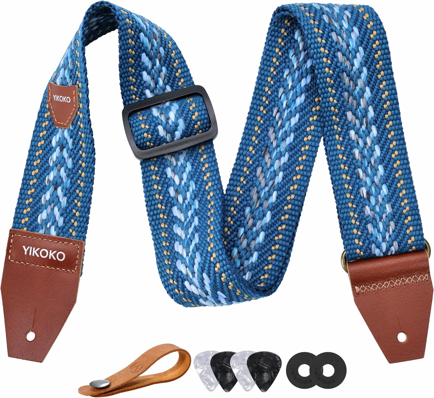 Detalle de YIKOKO Gitarrengurt 5,1 cm aus Baumwolle mit Vollnarbenlederenden – für Bass, E‑Gitarre und Akustik