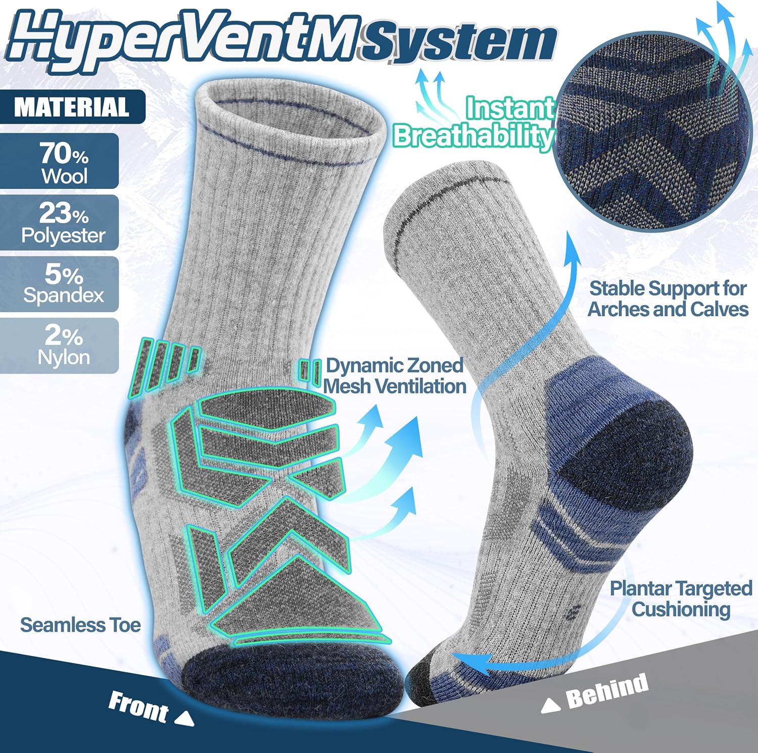 Thumbnail 3 de ANTSANG Merino Wool Hiking Socks, 5 Pairs, Crew with Targeted Cushioning