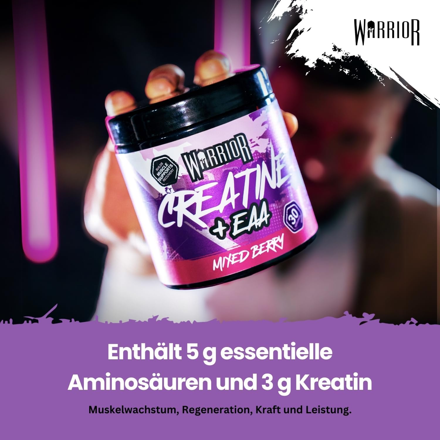 Thumbnail 6 de Warrior Kreatin Monohydrat Pulver + EAA Aminosäuren (270 g, 30 Portionen) – Waldbeere