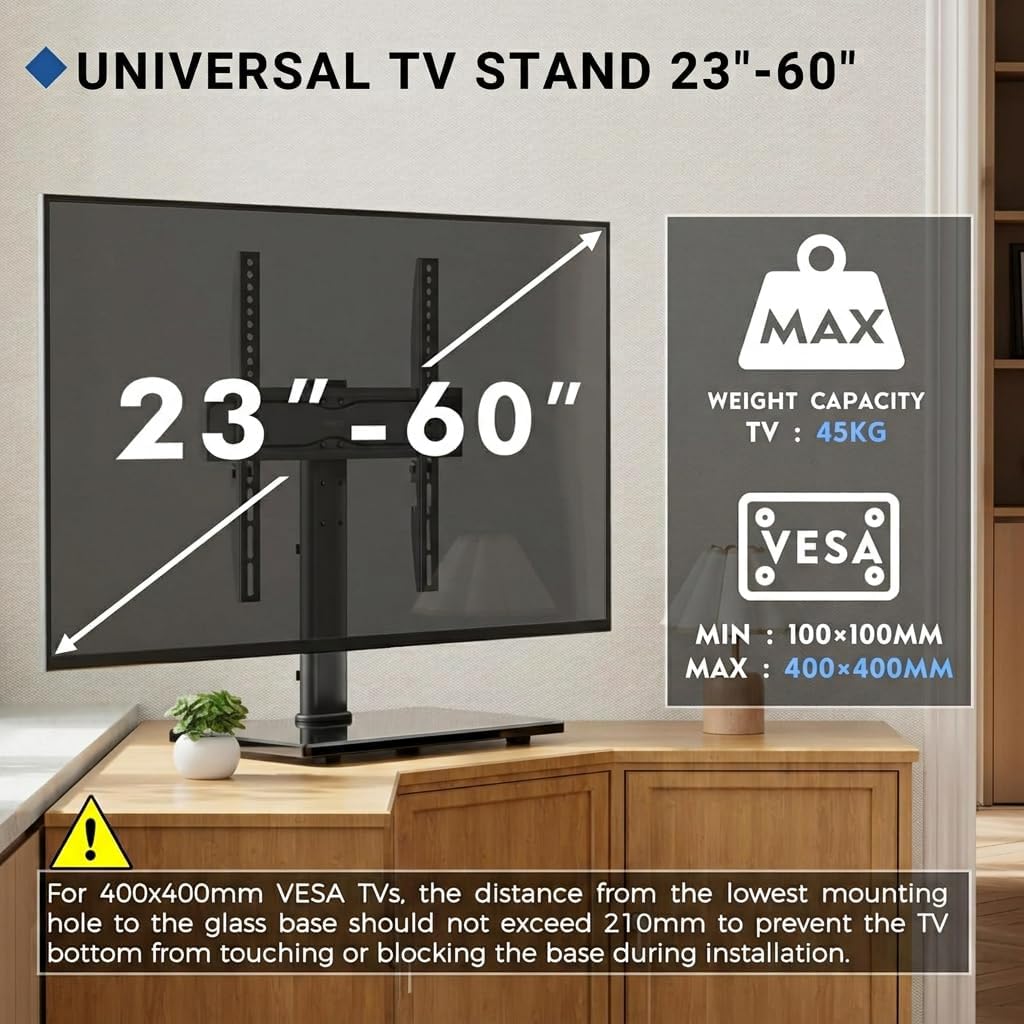 Detalle de BONTEC Support TV sur pied universel 23 à 60 pouces jusqu’à 45 kg avec base en verre trempé 8 mm et VESA jusqu’à 400×400