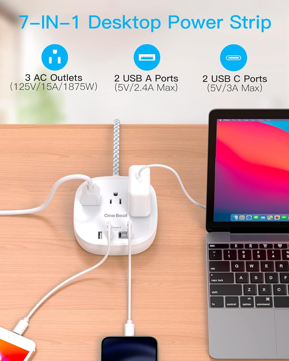 Detalle 2 de One Beat Flat Plug Power Strip (6ft Ultra Flat Extension Cord) with 3 Outlets and 4 USB Ports, Desktop Charging Station