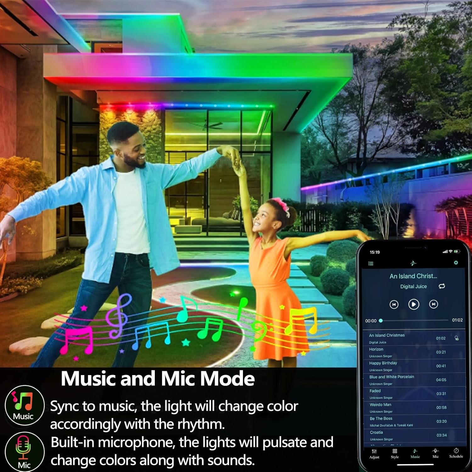 Detalle de httpsmp 32.8ft WS2812 RGB+IC LED Strip Lights – IP68 Waterproof Outdoor, USB Powered, Music Sync