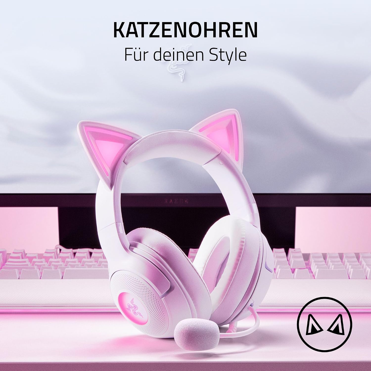 Detalle 2 de Razer Kraken Kitty V2 kabelgebundenes RGB-Gaming-Headset mit Kitty-Ohren, weiß