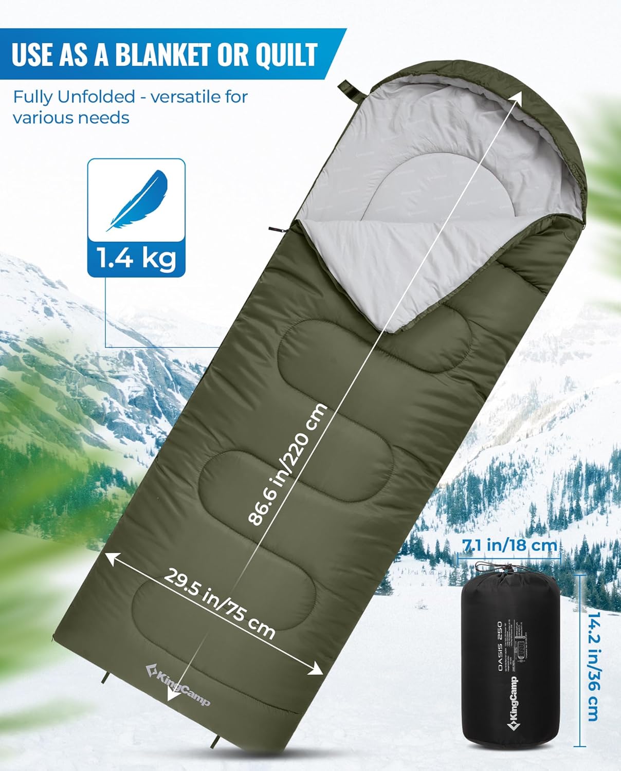 Thumbnail 1 de KingCamp Oasis 3–4 Season Waterproof Sleeping Bag (Left–Right Connectable) for Children & Adults