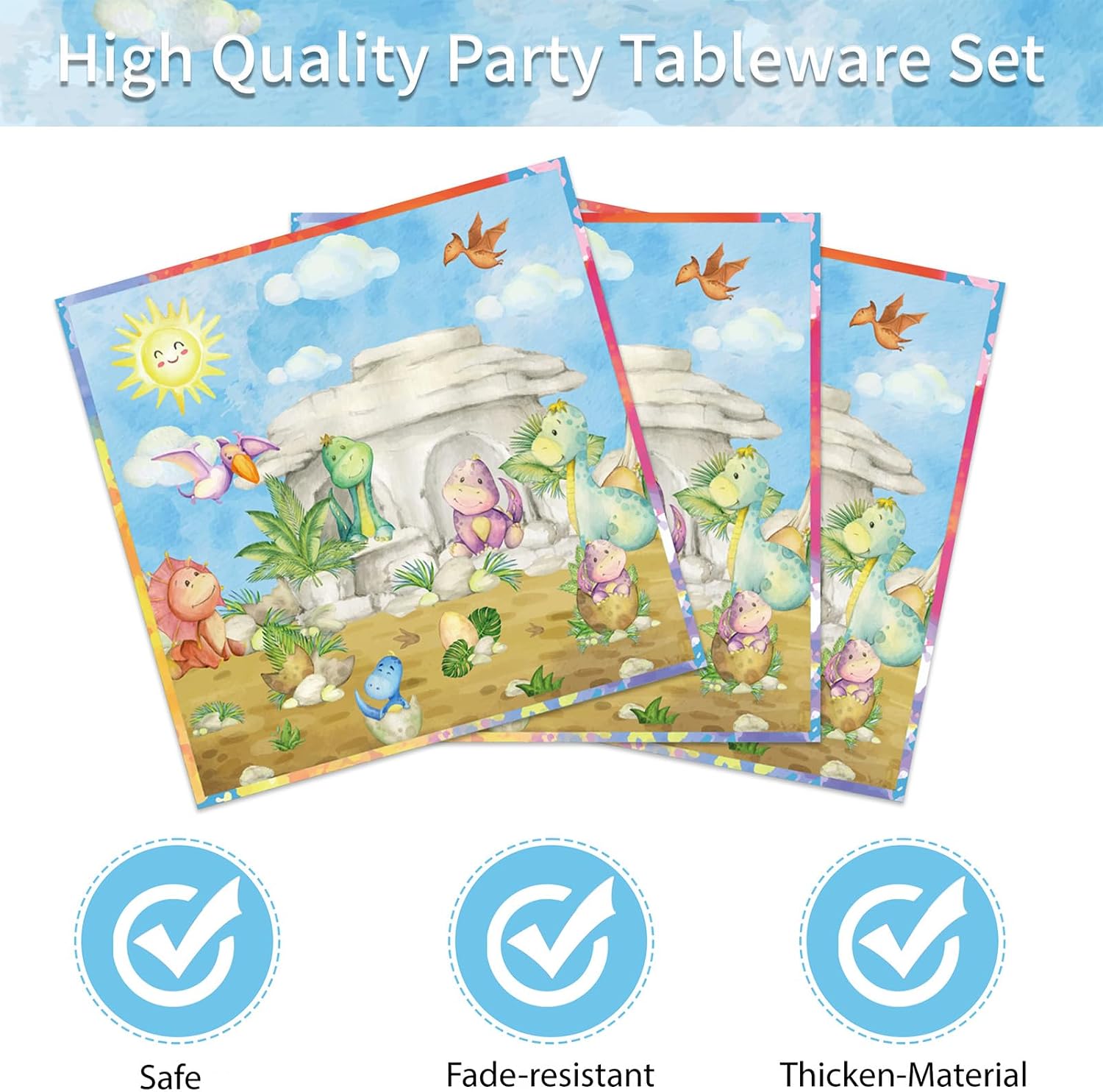 Detalle de Aitsite Dino Partygeschirr Set (50-teilig) für 10 Gäste – Cartoon Dinosaurier Teller, Tassen, Servietten & Strohhalme