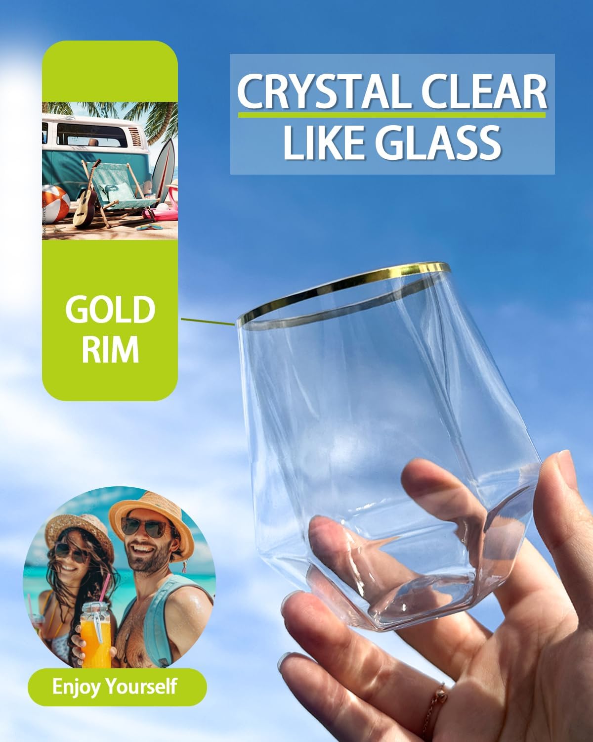 Detalle de Maaacute 40 Pack Plastic Stemless Wine Glasses, 12 oz, Gold Rim—Unbreakable & Disposable