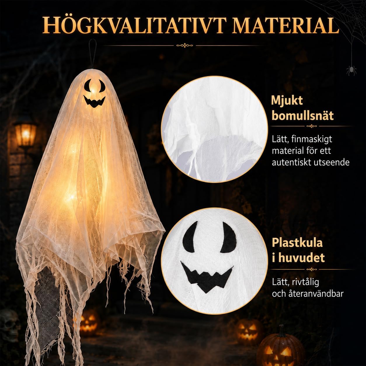 Detalle 2 de ShadowRealmTech 067 – hängande Halloween-spöken med varmvit LED och tre ljuslägen
