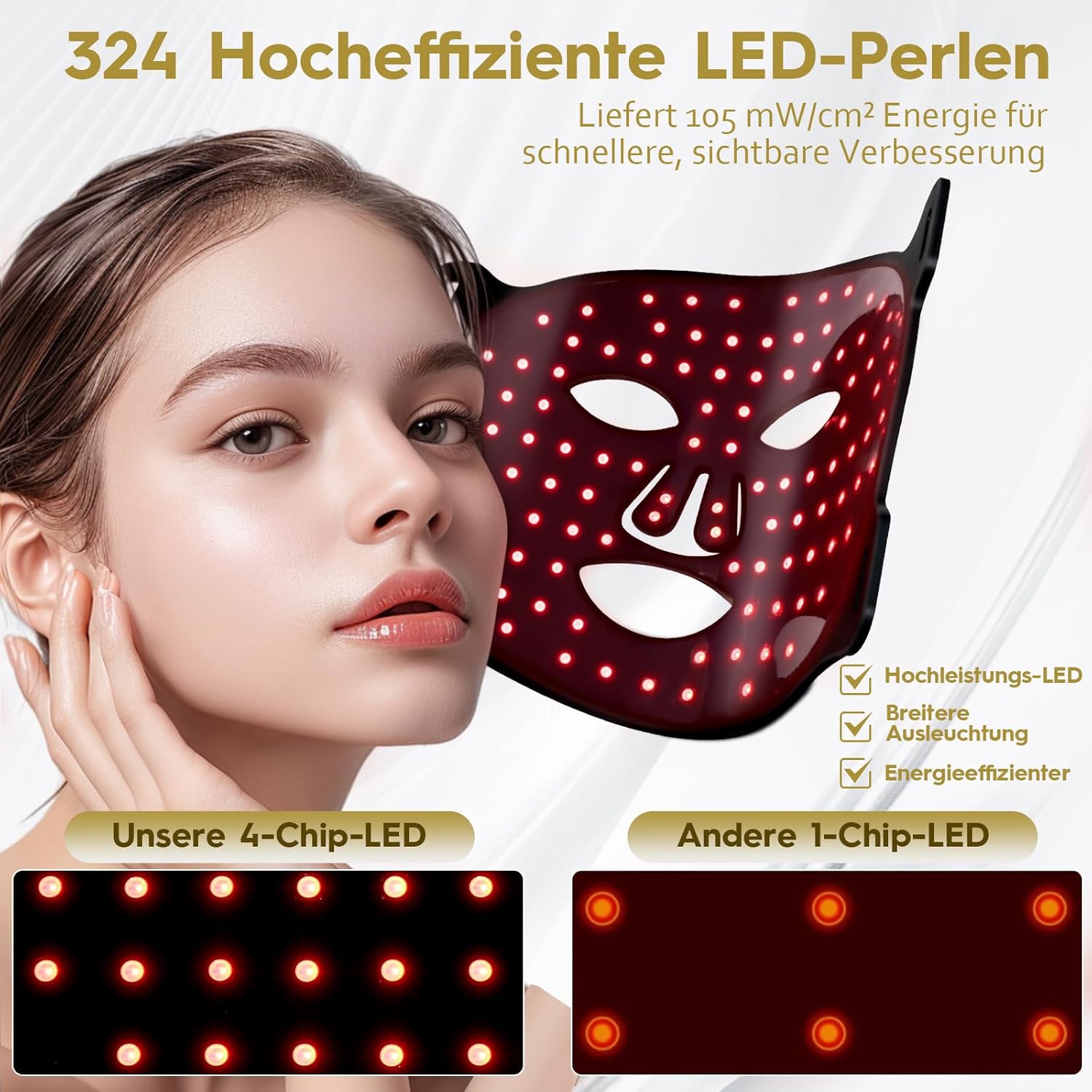 Detalle 2 de Soeumoir LED-Gesichtsmaske mit Rotlichttherapie – 625 nm, 108 LEDs, 7 Beleuchtungsmodi