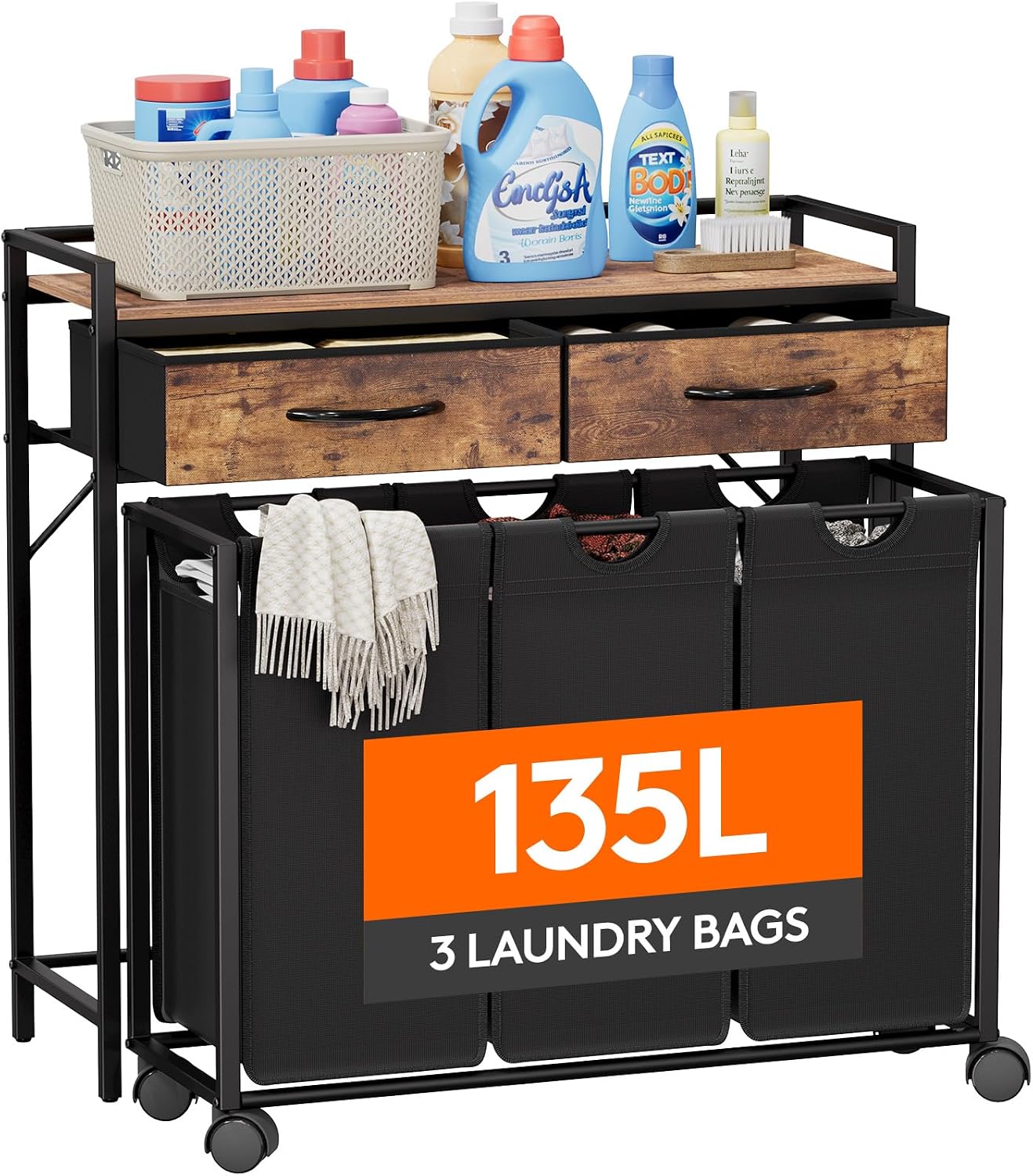 Detalle de Lifewit 24361 Laundry Sorter with Shelf, Two Drawers and Wheels