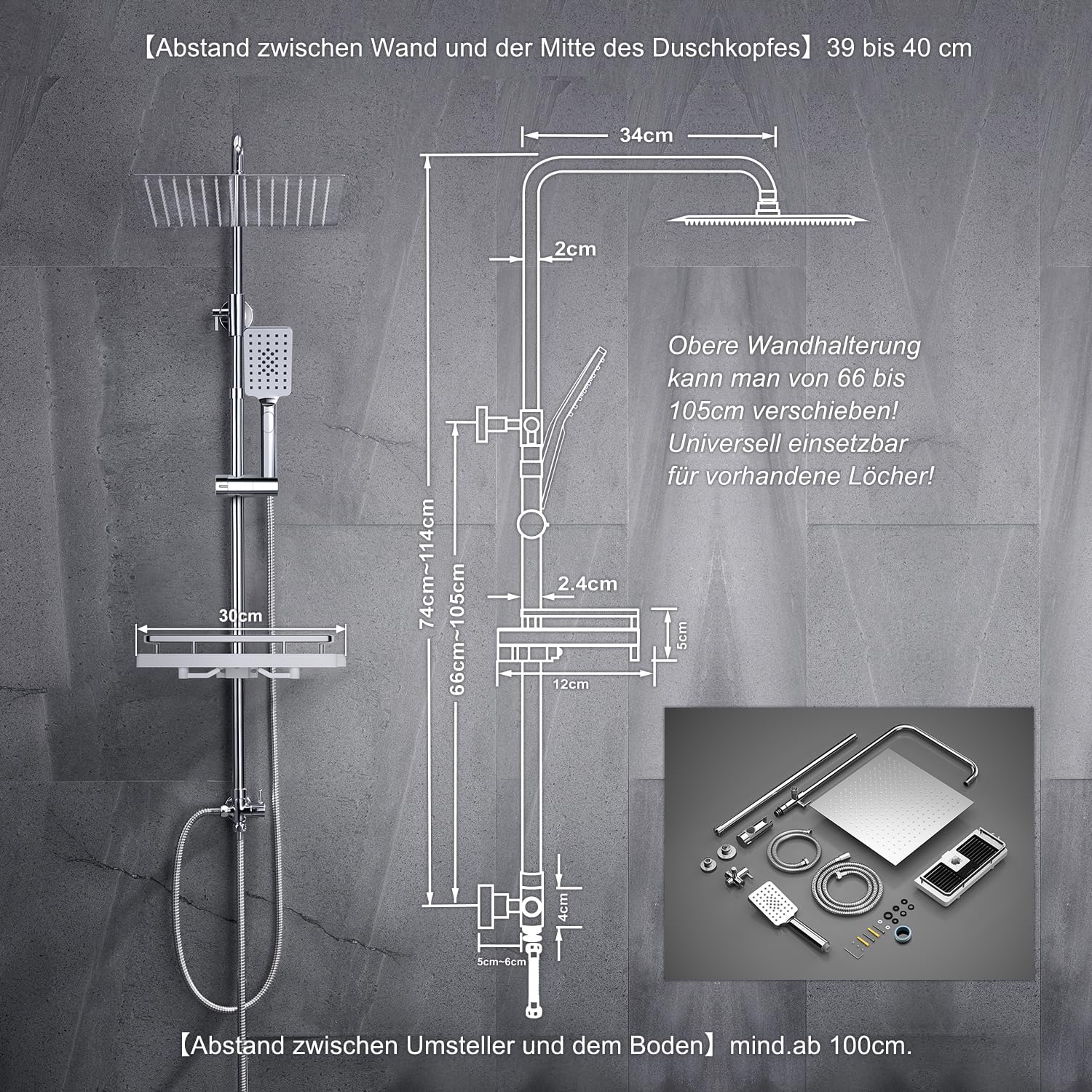 Detalle 2 de JOHO Edelstahl Duschsystem ohne Armatur – Regendusche mit 30x30 cm Kopfbrause, Ablage und verstellbarer Stange