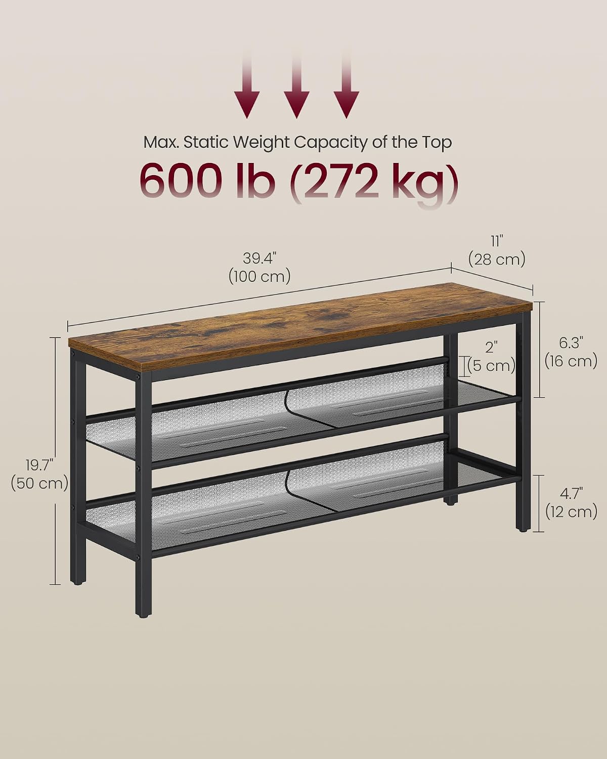 Detalle de VASAGLE 3 Tier Shoe Rack Bench (LSB075KD02) – Rustic Brown & Matte Black, 28 x 100 x 50 cm