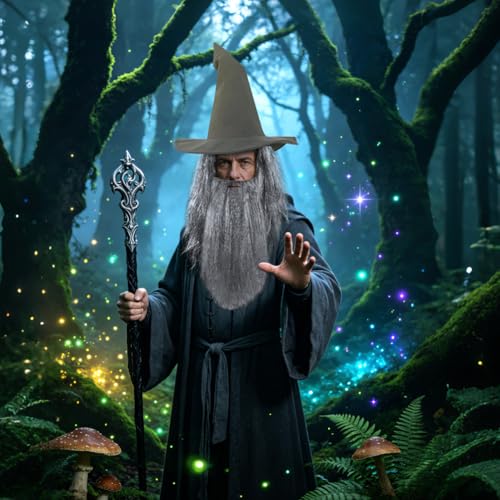 Detalle de BSBUY Long Grey Wig and Beard & Wizard Hat Costume Accessory Set