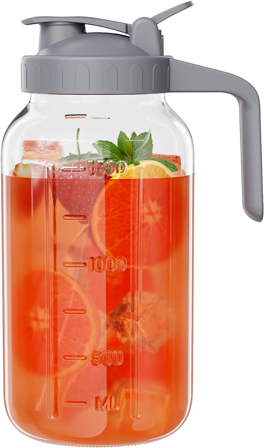 Detalle de Glass Mason Jar Pitcher, 64 oz Wide Mouth with Pour Spout Lid (Gray)