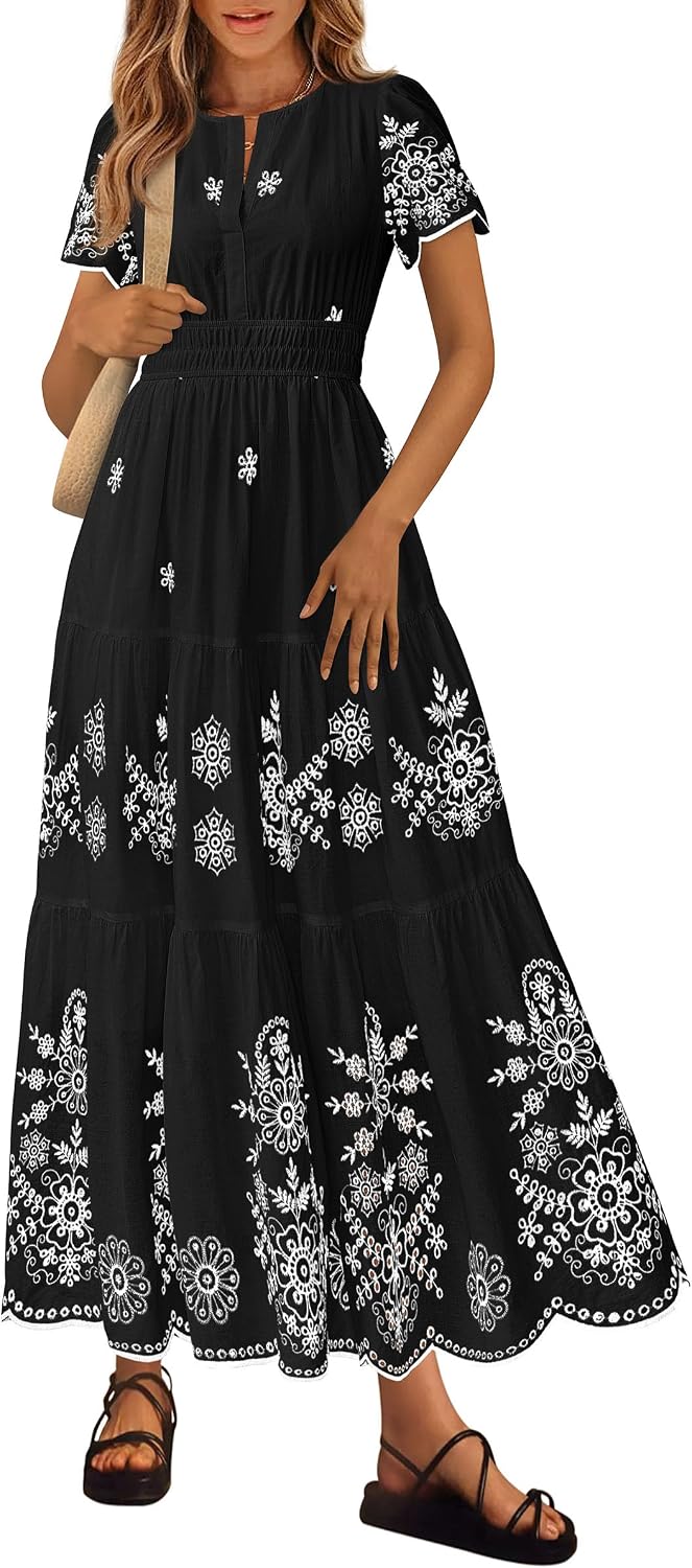 Detalle de PRETTYGARDEN Summer Boho Maxi Dress for Women (2026) with Floral Print, V-Neck, Pockets